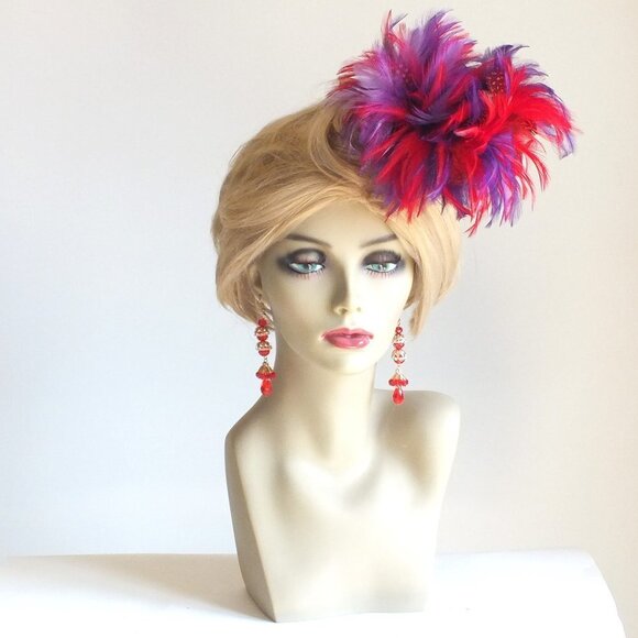 Pride Parade Flamboyant Fascinator  Hair Claw Clip with Purple and Red Feathers - Picture 1 of 13